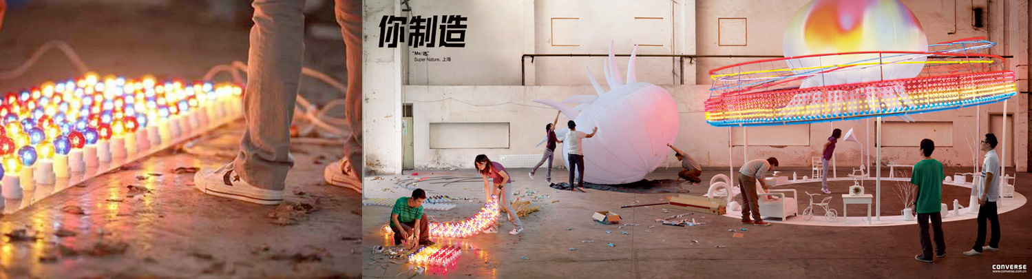 Detail and panoramic view of the illuminated ME Wonderland installation