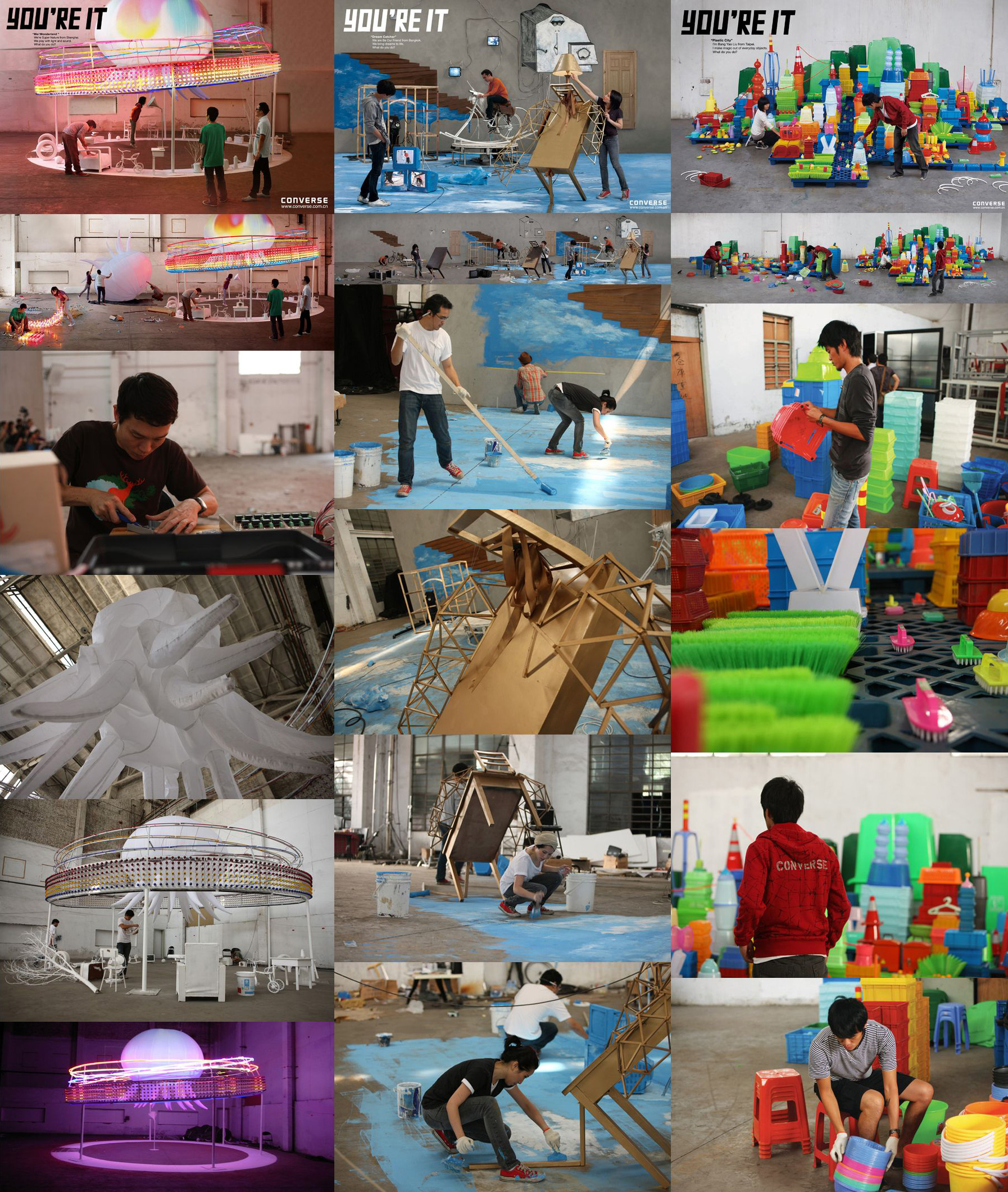 Behind-the-scenes contact sheet of artists building the You're It installations