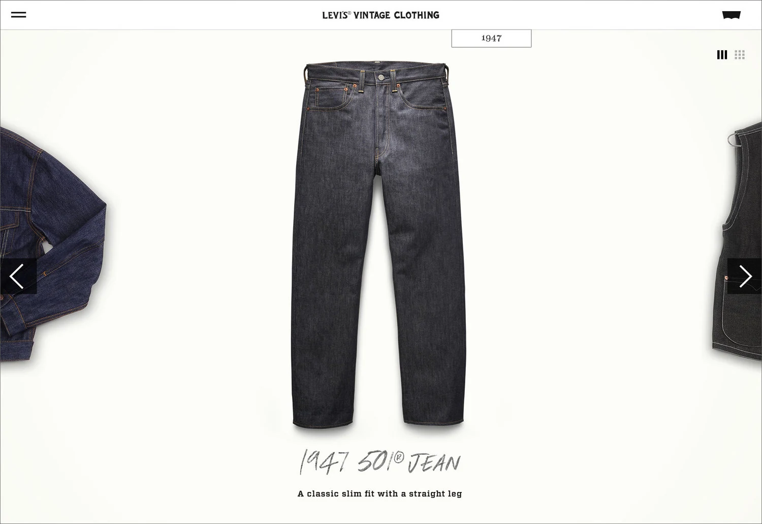 Vintage Clothing timeline centered on the 1947 501 Jean.