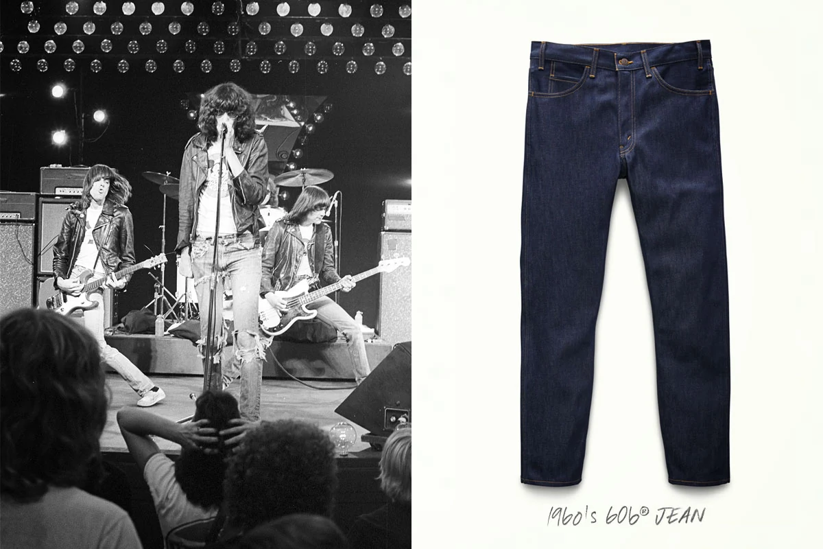 Concert photograph beside a pair of 1960s jeans.