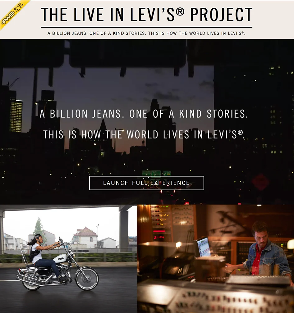 The Live in Levi’s Project landing page with campaign introduction and story photographs.