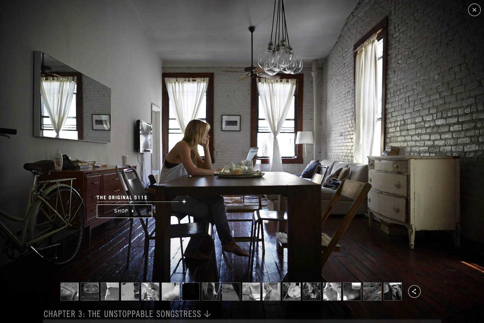Interactive Levi’s story showing a woman seated at a table in a sunlit apartment.