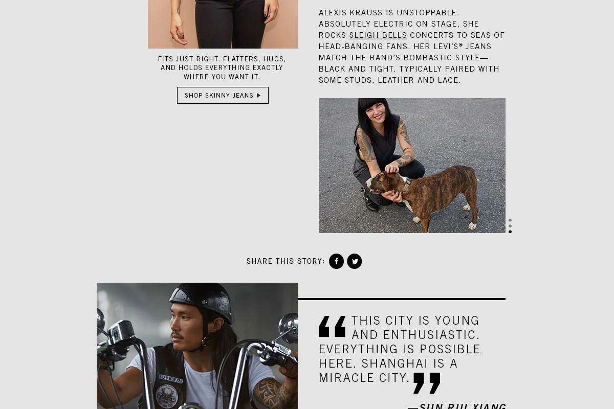 Levi’s editorial story page combining fashion photography, product links and participant quotations.